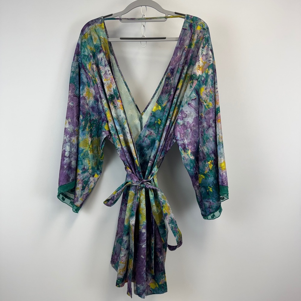 Yitty Lizzo Major‎ Label Satin Robe XL Multicolor Marble Logo Print Mesh Trim